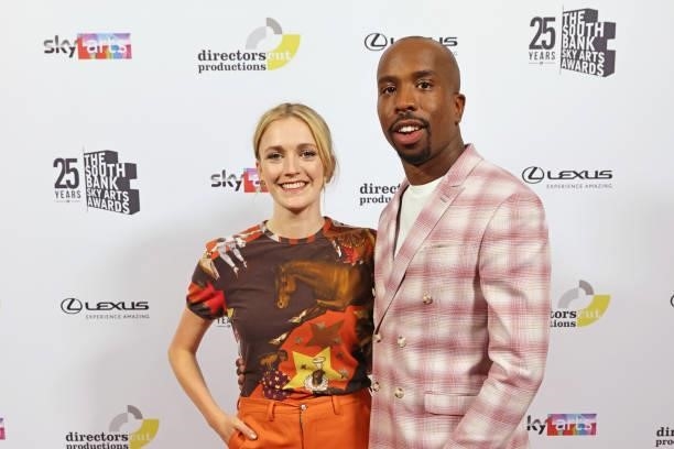 Charlotte Ritchie and Kiell Smith-Bynoe pose in the winners room at the South Bank Sky Arts awards at The Savoy Hotel on July 19, 2021 in London,...
