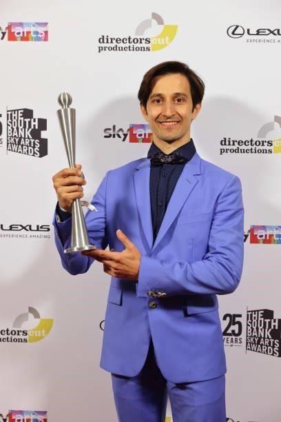 Valentino Zucchetti, accepting the Dance Award, poses in the winners room at the South Bank Sky Arts awards at The Savoy Hotel on July 19, 2021 in...