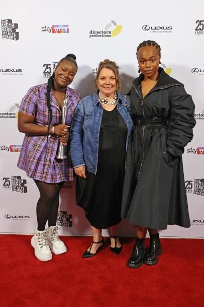 Afi Okaidja, Joanna Scanlan and Bukky Bakray, accpeting the Film Award for "Rocks