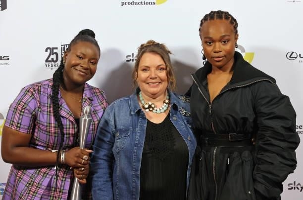 Afi Okaidja, Joanna Scanlan and Bukky Bakray, accpeting the Film Award for "Rocks