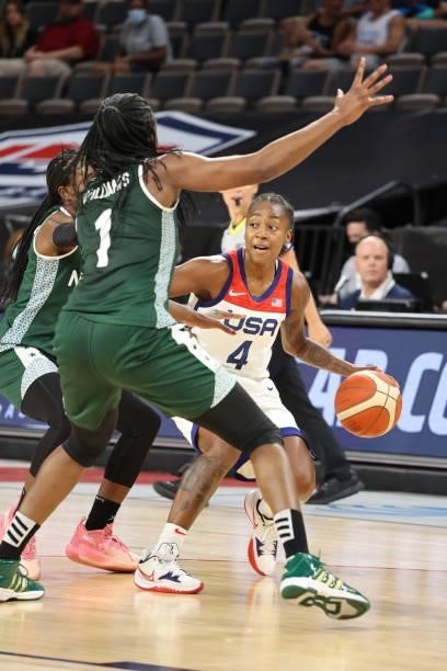Jewell Loyd of the USA Basketball Womens National Team dribbles the ball during the game against the Nigeria Women's National Team on July 18, 2021...