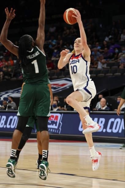 Breanna Stewart of the USA Basketball Womens National Team drives to the basket during the game against the Nigeria Women's National Team on July 18,...