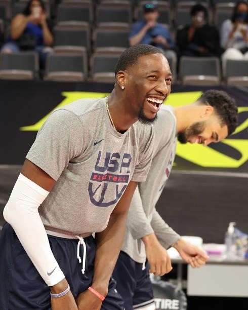 Bam Adebayo of the USA Men's National Team smiles before the game against the Spain Men's National Team on July 18, 2021 at Michelob ULTRA Arena in...
