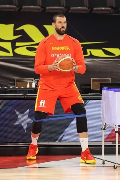 Marc Gasol of the Spain Men's National Team warms up before the game against the USA Men's National Team on July 18, 2021 at Michelob ULTRA Arena in...