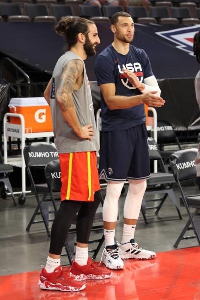 Ricky Rubio of the Spain Men's National Team talks with Zach LaVine of the USA Men's National Team before the game on July 18, 2021 at Michelob ULTRA...