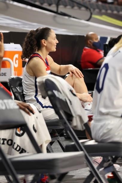 Sue Bird of the USA Basketball Womens National Team smiles during the game against the Nigeria Women's National Team on July 18, 2021 at Michelob...