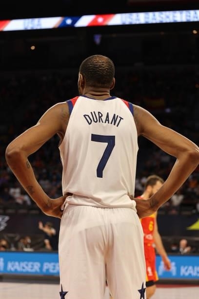 Kevin Durant of the USA Men's National Team looks on during the game against the Spain Men's National Team on July 18, 2021 at Michelob ULTRA Arena...