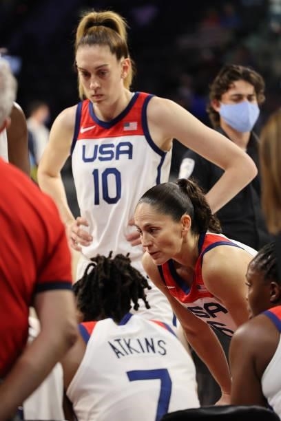 Sue Bird of the USA Basketball Womens National Team talks with the team during the game against the Nigeria Women's National Team on July 18, 2021 at...