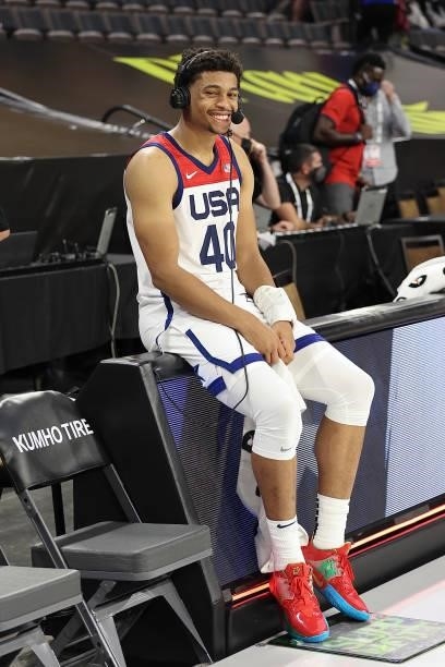Keldon Johnson of the USA Men's National Team is interviewed after the game against the Spain Men's National Team on July 18, 2021 at Michelob ULTRA...
