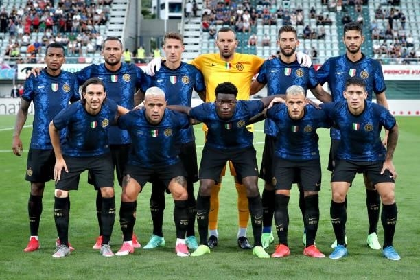 Players of FC Internazionale line-up during the Pre-Season Friendly match between Lugano and FC Internazionale at Cornaredo Stadium on July 17, 2021...