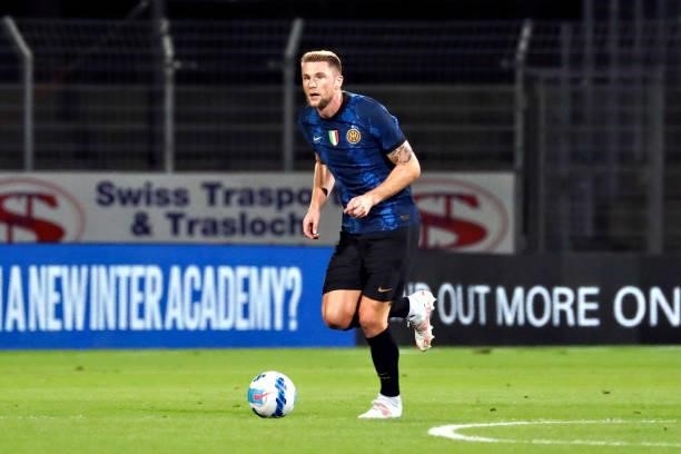 Milan Skriniar of FC Internazionale in action during the Pre-Season Friendly match between Lugano and FC Internazionale at Cornaredo Stadium on July...