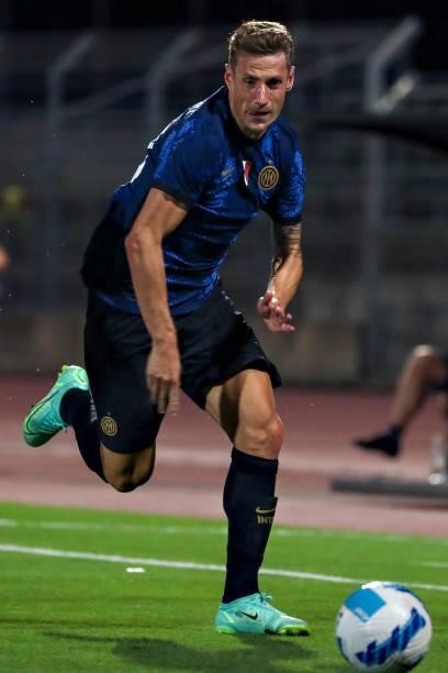 Andrea Pinamonti of FC Internazionale in action during the Pre-Season Friendly match between Lugano and FC Internazionale at Cornaredo Stadium on...