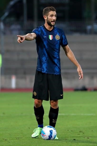 Roberto Gagliardini of FC Internazionale gestures during the Pre-Season Friendly match between Lugano and FC Internazionale at Cornaredo Stadium on...
