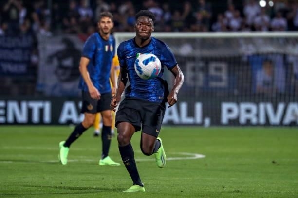 Lucien Agoume' of FC Internazionale in action during the Pre-Season Friendly match between Lugano and FC Internazionale at Cornaredo Stadium on July...