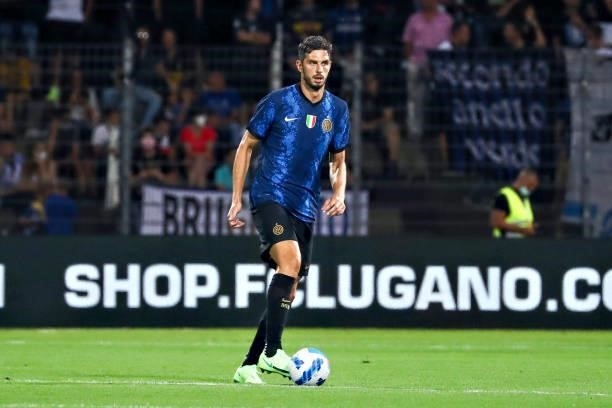 Andrea Ranocchia of FC Internazionale in action during the Pre-Season Friendly match between Lugano and FC Internazionale at Cornaredo Stadium on...