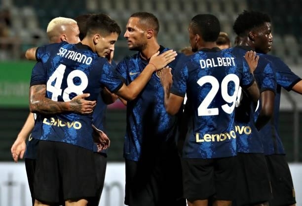 Martin Satriano of FC Internazionale celebrates with team-mates after scoring the his first goal during the Pre-Season Friendly match between Lugano...