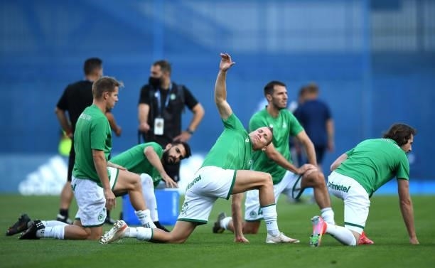 Players of Omonoia warm up before the UEFA Champions League Second Qualifying Round match between GNK Dinamo Zagreb and Omonoia at Stadion Maksimir...