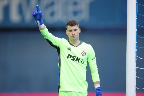 Dominik Livakovic of Dinamo Zagreb gestures during the UEFA Champions League Second Qualifying Round match between GNK Dinamo Zagreb and Omonoia at...
