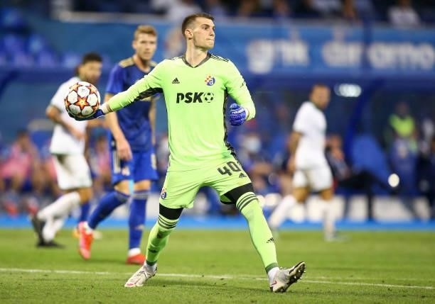 Dominik Livakovic of Dinamo Zagreb in action during the UEFA Champions League Second Qualifying Round match between GNK Dinamo Zagreb and Omonoia at...