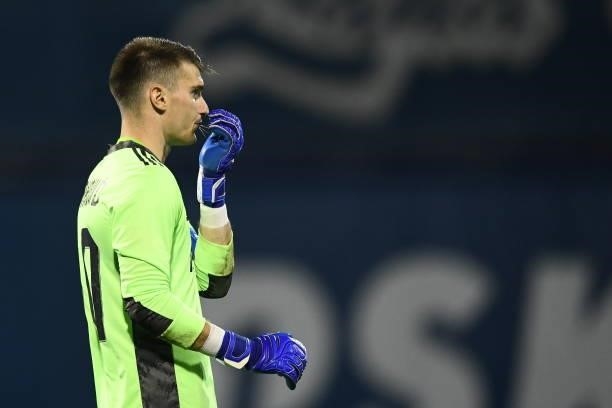 Dominik Livakovic of Dinamo Zagreb reacts during the UEFA Champions League Second Qualifying Round match between GNK Dinamo Zagreb and Omonoia at...