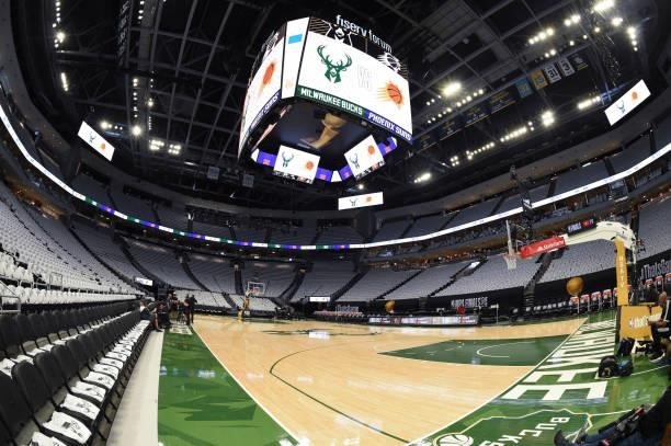 Overall view of the court at the Fiserv Forum in Milwaukee, Wisconsin during Game Six of the 2021 NBA Finals on July 20, 2021 at the Fiserv Forum in...