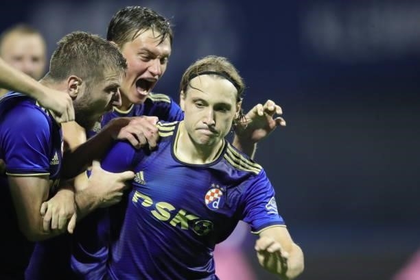 Lovro Majer of Dinamo Zagreb celebrate after scoring first goal during the UEFA Champions League Second Qualifying Round match between GNK Dinamo...