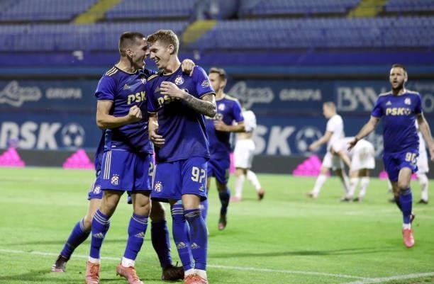 Players of Dinamo Zagreb celebrate a goal during the UEFA Champions League Second Qualifying Round match between GNK Dinamo Zagreb and Omonoia at...