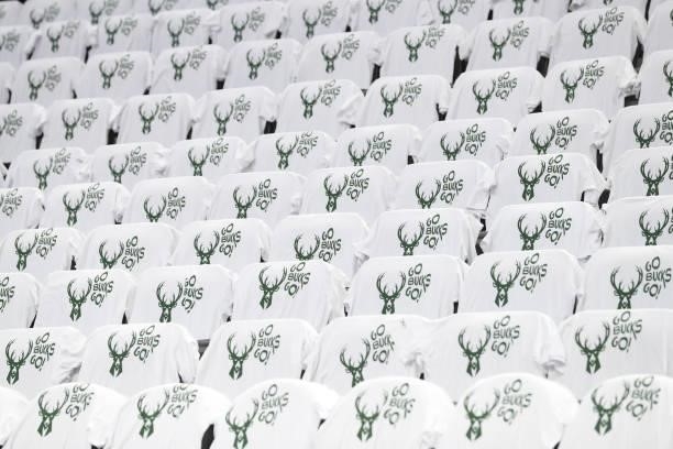 Shirts are laid out for fans prior to the game between the Phoenix Suns and the Milwaukee Bucks during Game Six of the 2021 NBA Finals on July 20,...