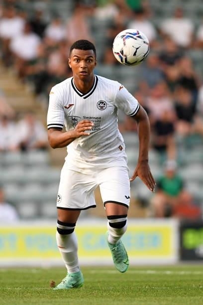 Morgan Whittaker of Swansea City during the Pre season friendly match between Plymouth Argyle and Swansea City at Home Park on July 20, 2021 in...