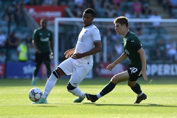 Morgan Whittaker of Swansea City during the Pre season friendly match between Plymouth Argyle and Swansea City at Home Park on July 20, 2021 in...