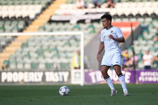 Joel Latibeaudiere of Swansea City during the Pre season friendly match between Plymouth Argyle and Swansea City at Home Park on July 20, 2021 in...