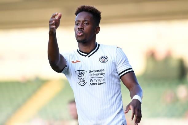 Jamal Lowe of Swansea City during the Pre season friendly match between Plymouth Argyle and Swansea City at Home Park on July 20, 2021 in Plymouth,...