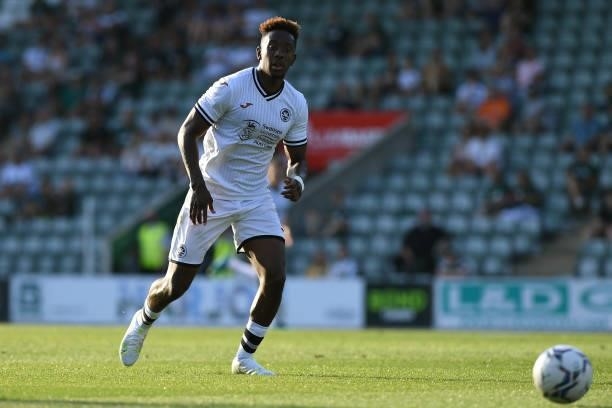 Jamal Lowe of Swansea City in action during the Pre season friendly match between Plymouth Argyle and Swansea City at Home Park on July 20, 2021 in...