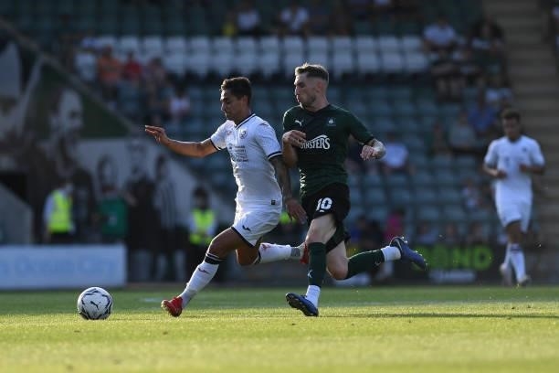 Yan Dhanda of Swansea City in action during the Pre season friendly match between Plymouth Argyle and Swansea City at Home Park on July 20, 2021 in...