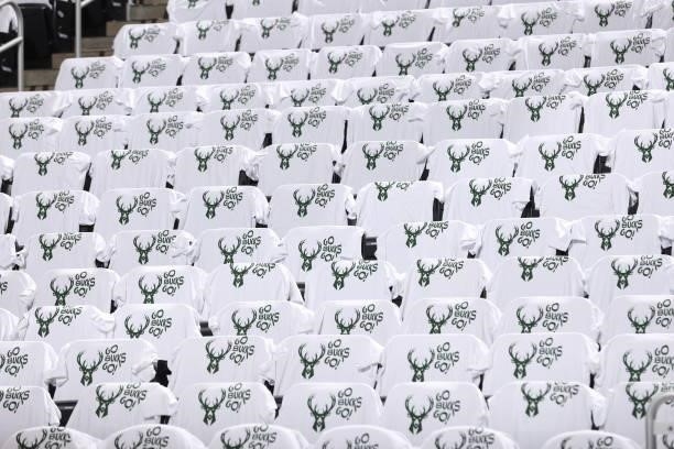 An overall view of the t-shirts laid out before the game between the Phoenix Suns and the Milwaukee Bucks during Game Six of the 2021 NBA Finals on...