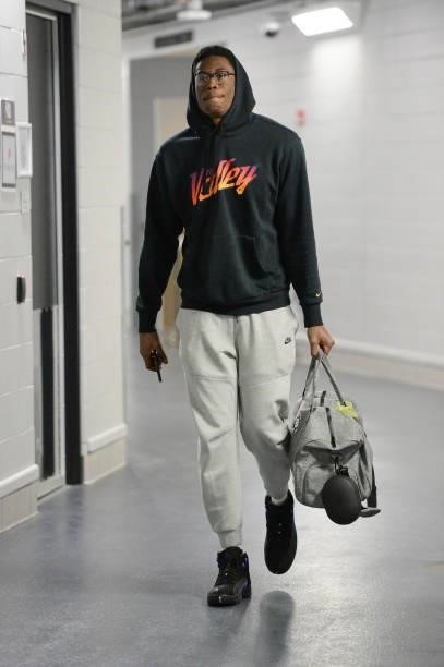 Jalen Smith of the Phoenix Suns arrives to the arena before the game against the Milwaukee Bucks during Game Six of the 2021 NBA Finals on July 20,...
