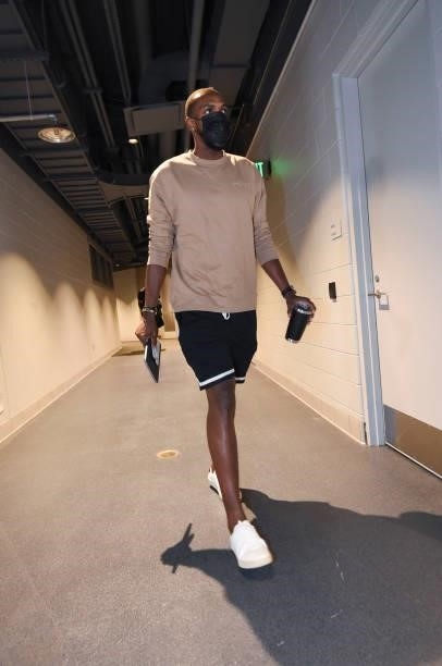 Khris Middleton of the Milwaukee Bucks arrives to the arena before the game against the Phoenix Suns during Game Six of the 2021 NBA Finals on July...