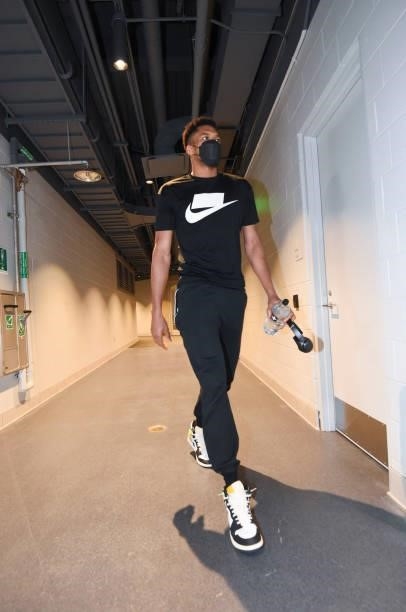 Giannis Antetokounmpo of the Milwaukee Bucks arrives to the arena before the game against the Phoenix Suns during Game Six of the 2021 NBA Finals on...
