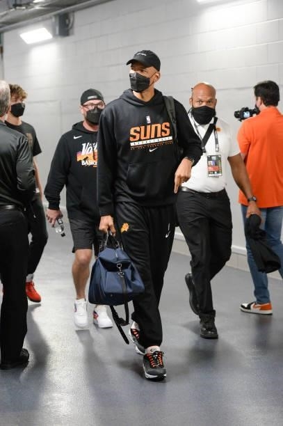 Head Coach Monty Williams of the Phoenix Suns arrives to the arena before the game against the Milwaukee Bucks during Game Six of the 2021 NBA Finals...