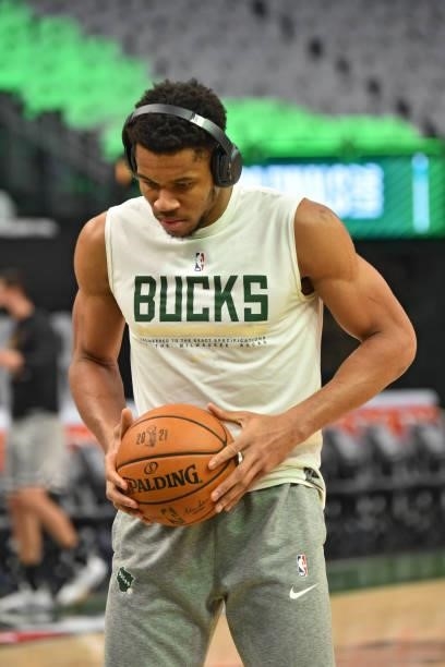 Giannis Antetokounmpo of the Milwaukee Bucks warms up before Game Six of the 2021 NBA Finals on July 20, 2021 at Fiserv Forum in Milwaukee,...