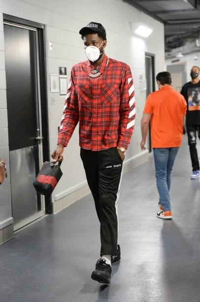 Deandre Ayton of the Phoenix Suns arrives to the arena before the game against the Milwaukee Bucks during Game Six of the 2021 NBA Finals on July 20,...