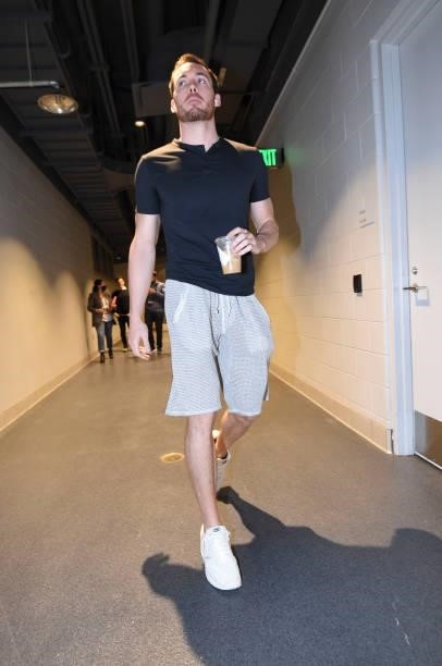 Pat Connaughton of the Milwaukee Bucks arrives to the arena before the game against the Phoenix Suns during Game Six of the 2021 NBA Finals on July...
