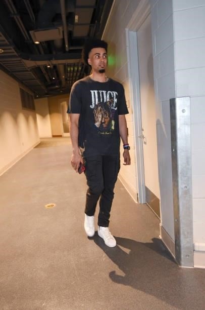 Jordan Nwora of the Milwaukee Bucks arrives to the arena before the game against the Phoenix Suns during Game Six of the 2021 NBA Finals on July 20,...