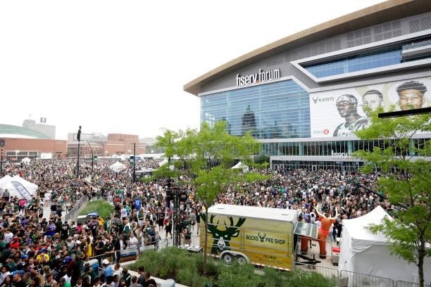 Milwaukee Bucks fans outside of the Fiserv Forum in the Deer District during Game Six of the 2021 NBA Finals on July 20, 2021 at Fiserv Forum Center...