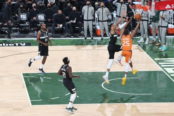 Giannis Antetokounmpo of the Milwaukee Bucks blocks the ball during Game Six of the 2021 NBA Finals on July 20, 2021 at the Fiserv Forum in...