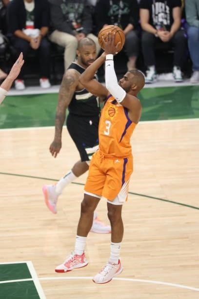 Chris Paul of the Phoenix Suns shoots the ball against the Milwaukee Bucks during Game Six of the 2021 NBA Finals on July 20, 2021 at Fiserv Forum in...