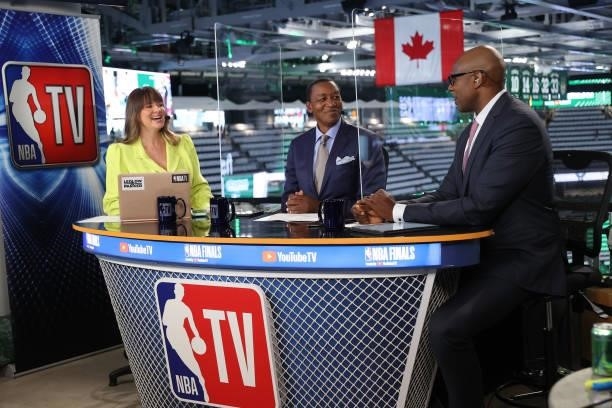 Analysts, Kristen Ledlow, Isiah Thomas, and Brendan Haywood commentate during Game Six of the 2021 NBA Finals on July 20, 2021 at Fiserv Forum in...