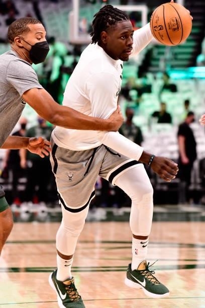 Jrue Holiday of the Milwaukee Bucks warms up before the game against the Phoenix Suns during Game Six of the 2021 NBA Finals on July 20, 2021 at the...
