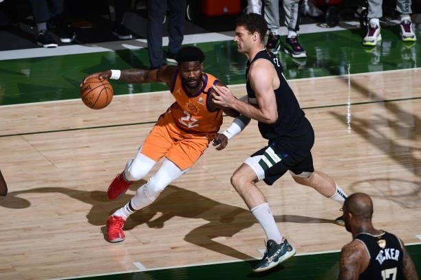 Deandre Ayton of the Phoenix Suns drives to the basket during the game against the Milwaukee Bucks during Game Six of the 2021 NBA Finals on July 20,...