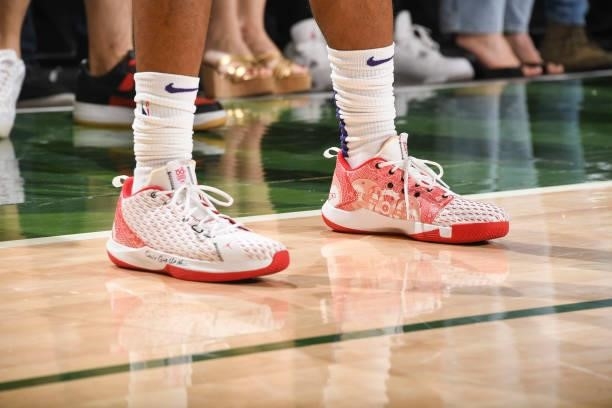 The sneakers worn by Chris Paul of the Phoenix Suns during the game against the Milwaukee Bucks during Game Six of the 2021 NBA Finals on July 20,...